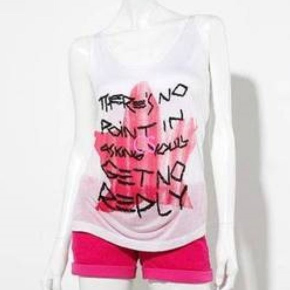 Womens Tank Top White Pink Large U GET NO REPLY Beaded Rayon Princess Vera Wang - Picture 1 of 4